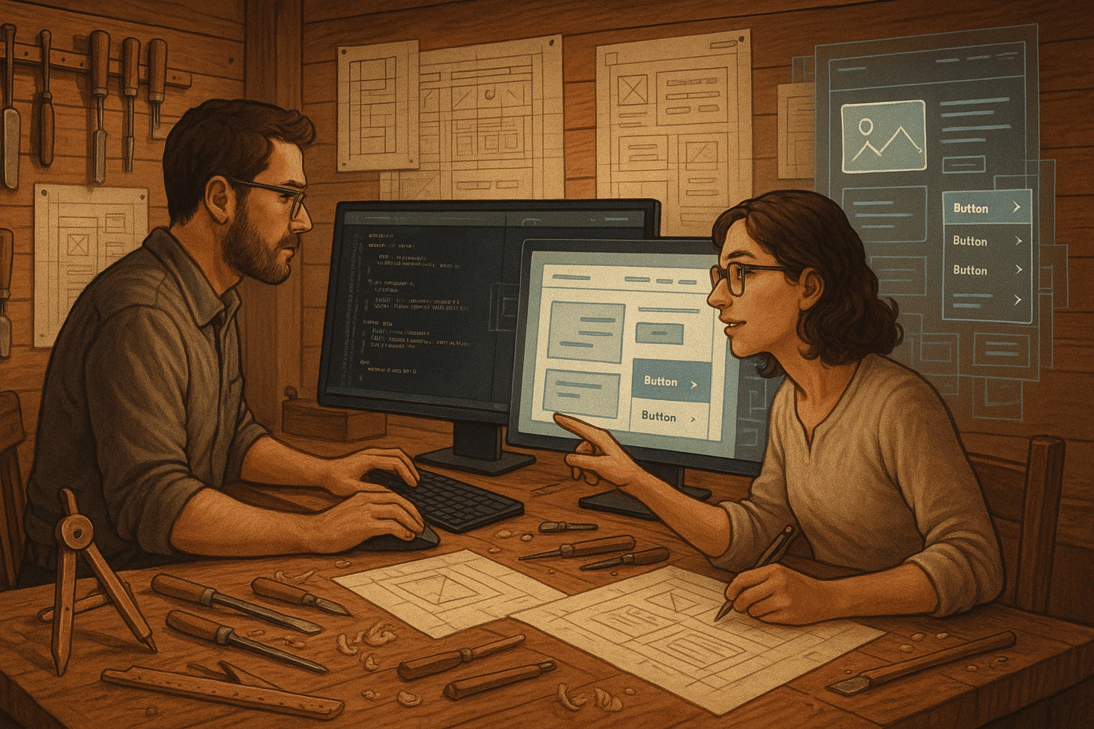 An artisan and a developer working together in an atelier