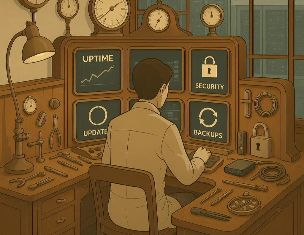 A control room with a controller sitting in a calm and focused atmosphere, in a style mixing steampunk and Ghibli