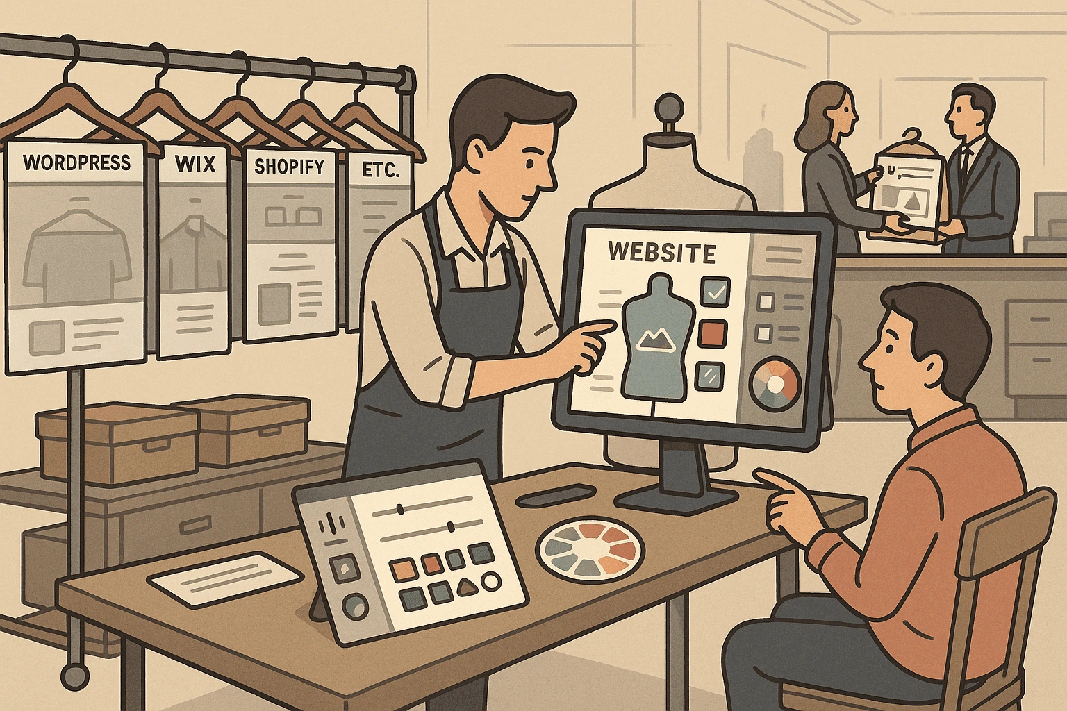 A customer being advised on website-building software